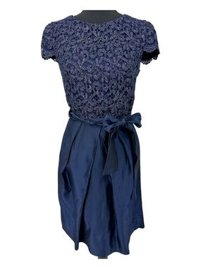 Suzi Chin for Maggy Boutique Navy Blue Lace & Taffeta Fit & Flare Cocktail Dress
